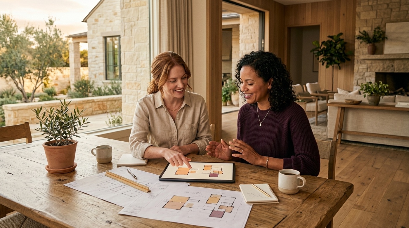 A homeowner and an architect review a whole-house floor plan on a tablet at a warm dining table with printed plans and a scale ruler