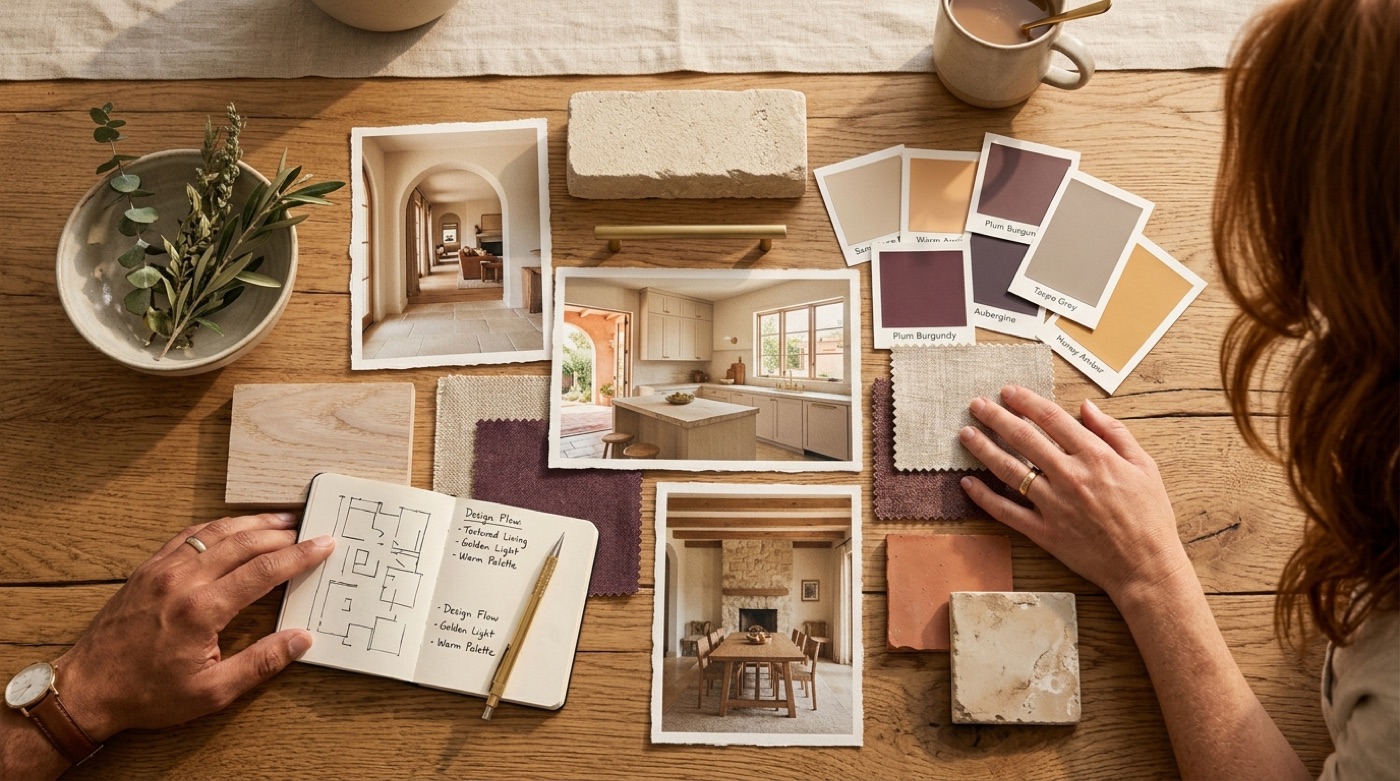 A whole-home style moodboard with paint swatches in plum, apricot, sand and taupe plus material samples and photos of cohesive rooms