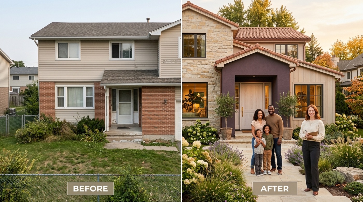 A whole-house before-and-after: a plain dated house on the left, the same home beautifully redesigned with a warm limestone-and-plum facade, new entry and landscaping on the right